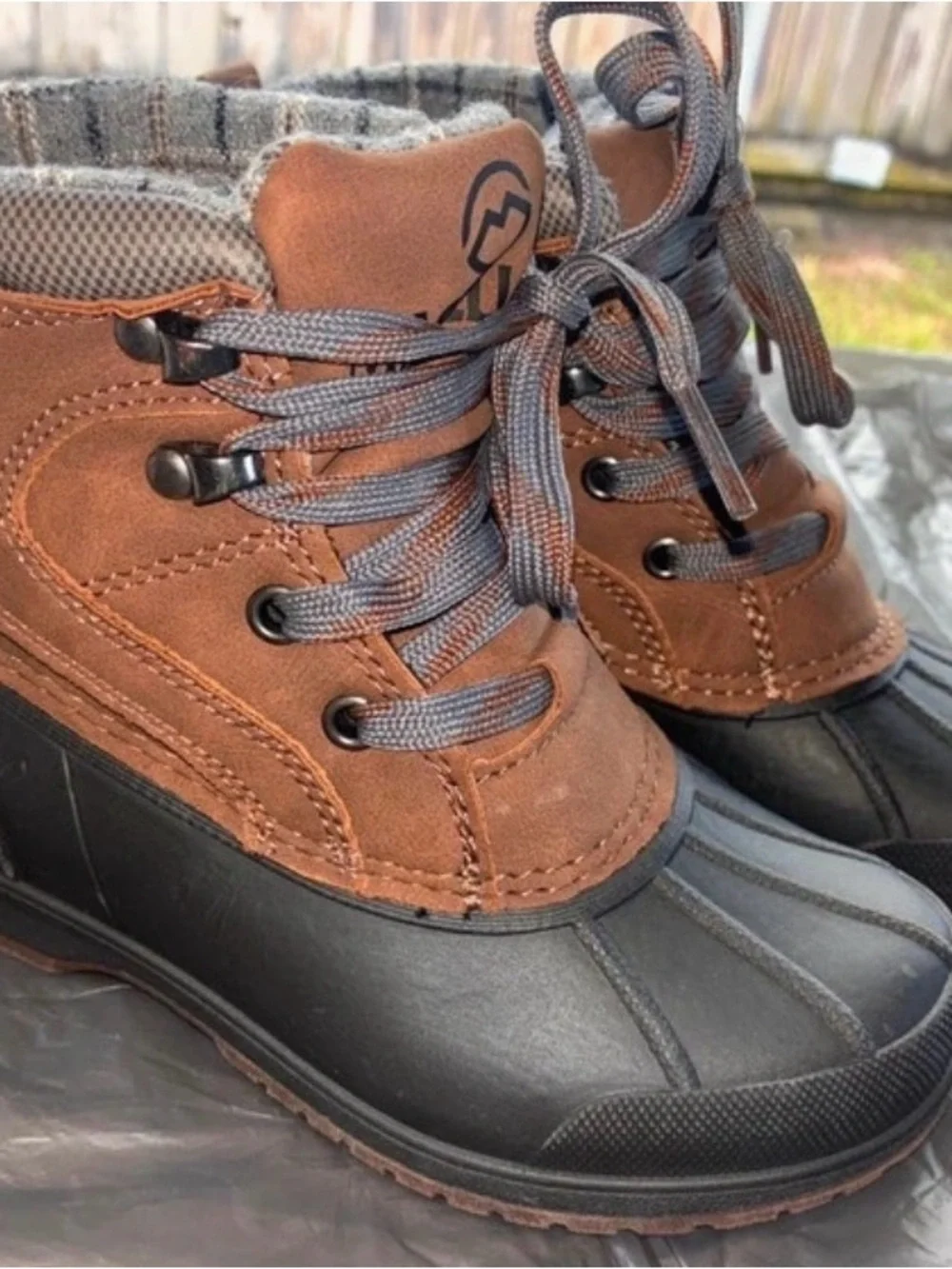 Boys Brown Waterproof Duck Boots with Gray Laces